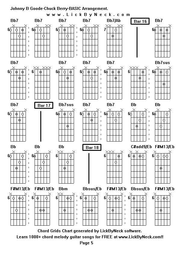 Chord Grids Chart of chord melody fingerstyle guitar song-Johnny B Goode-Chuck Berry-BASIC Arrangement,generated by LickByNeck software.